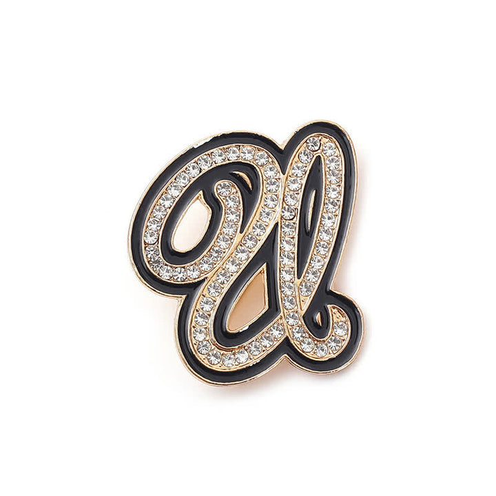 Black Enameled Initial Letter Rhinestone 26 Alphabet Brooch