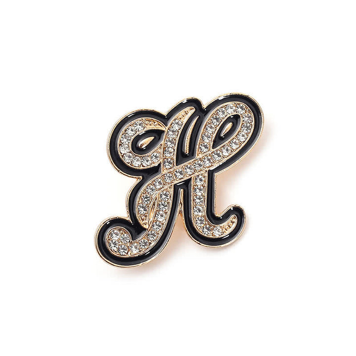 Black Enameled Initial Letter Rhinestone 26 Alphabet Brooch