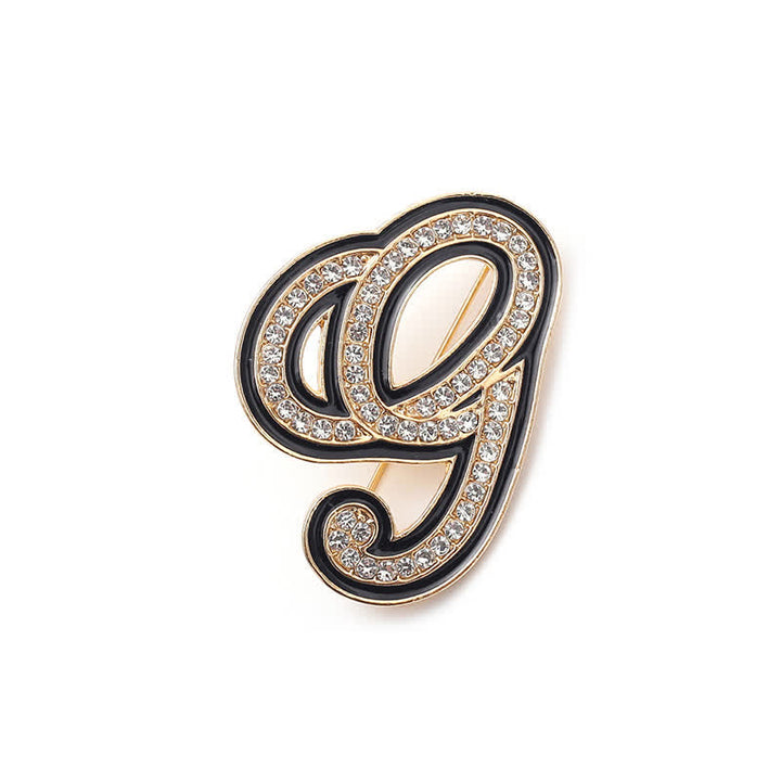 Black Enameled Initial Letter Rhinestone 26 Alphabet Brooch