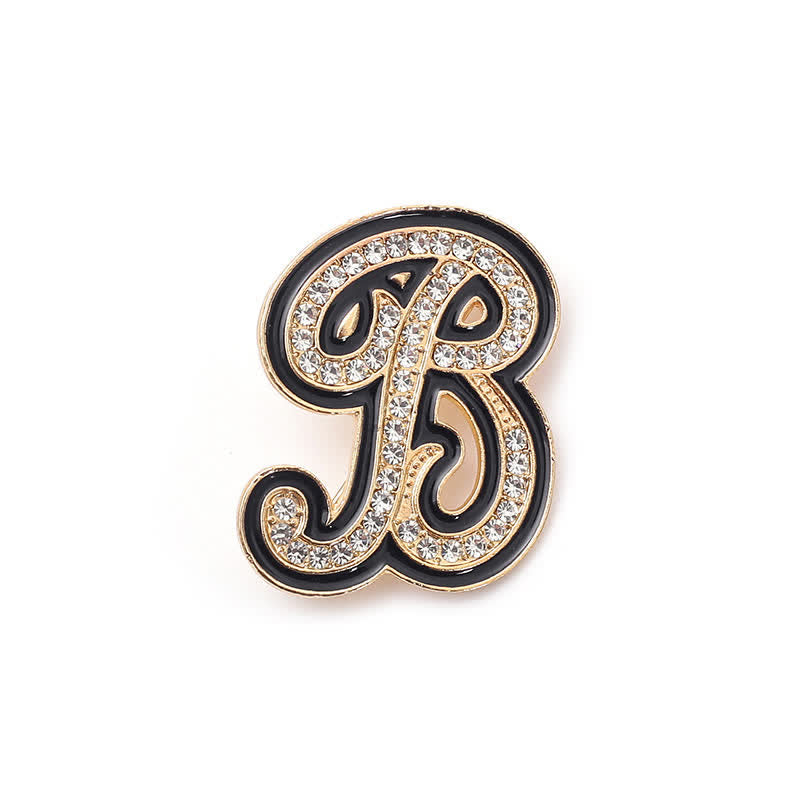 Black Enameled Initial Letter Rhinestone 26 Alphabet Brooch