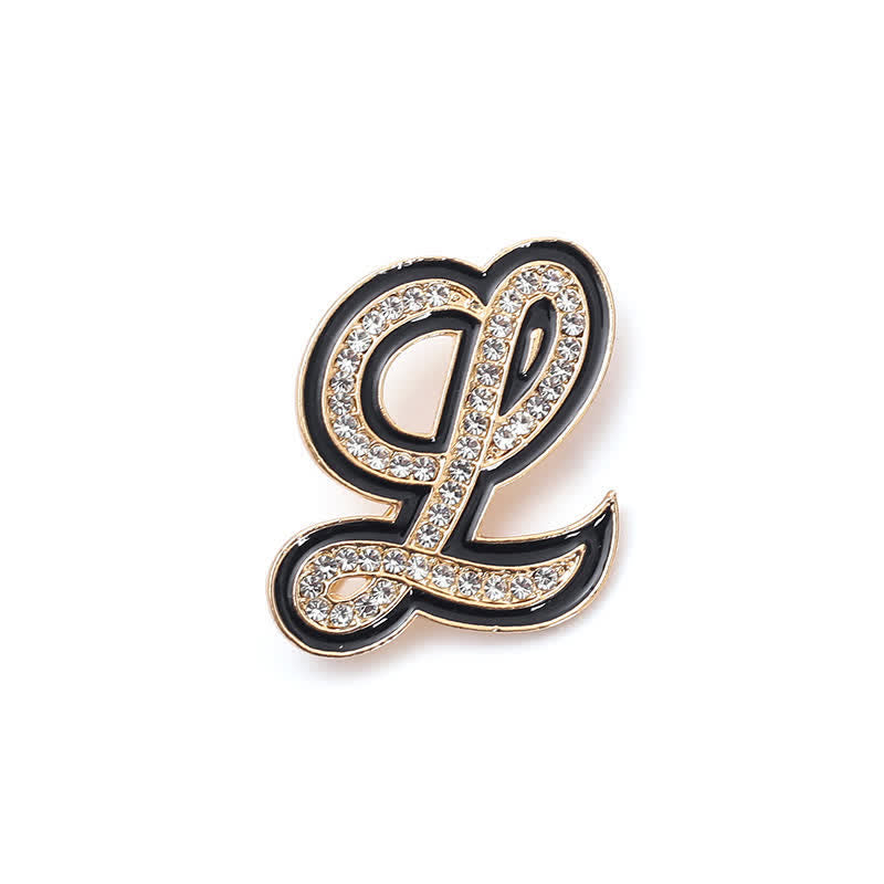Black Enameled Initial Letter Rhinestone 26 Alphabet Brooch