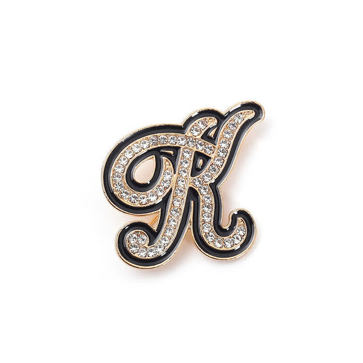 Black Enameled Initial Letter Rhinestone 26 Alphabet Brooch