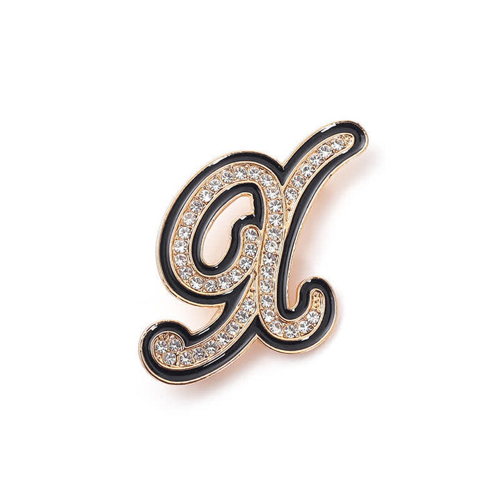 Black Enameled Initial Letter Rhinestone 26 Alphabet Brooch