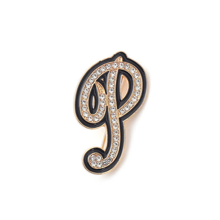 Black Enameled Initial Letter Rhinestone 26 Alphabet Brooch
