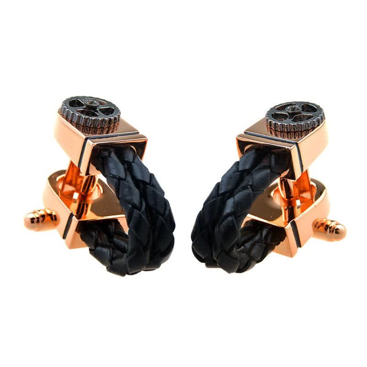 Men's 1 Pair Rose Gold Gear Braided Leather Cufflinks