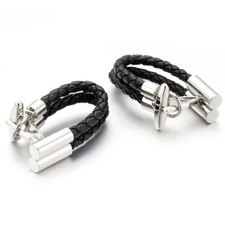 Men's 1 Pair Black Wedding Knit Button Braided Leather Cufflinks - Black - image 0