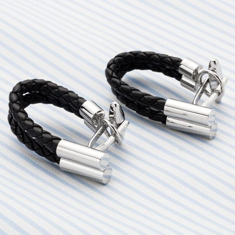 Men's 1 Pair Black Wedding Knit Button Braided Leather Cufflinks