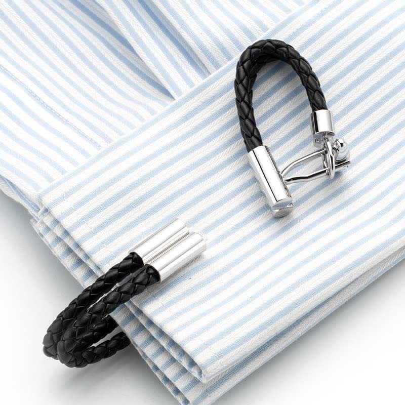 Men's 1 Pair Black Wedding Knit Button Braided Leather Cufflinks