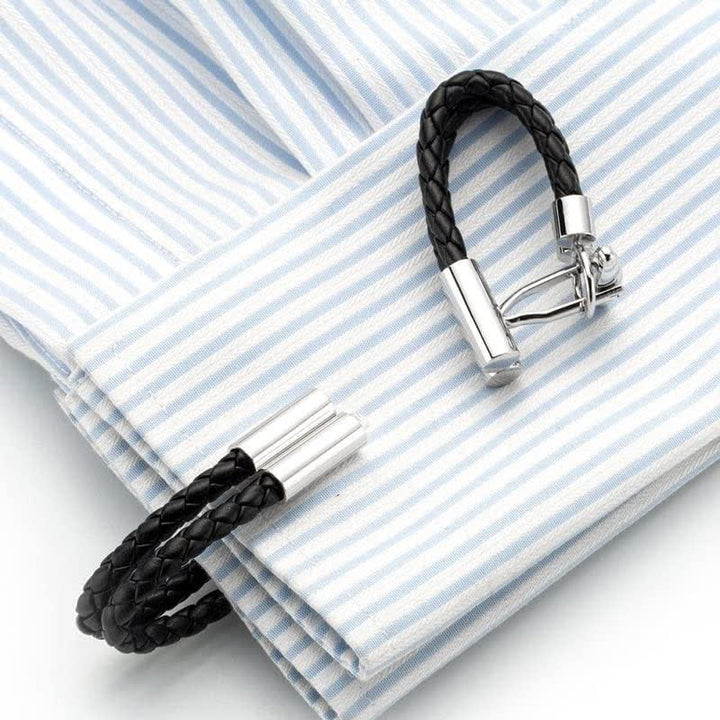 Men's 1 Pair Black Wedding Knit Button Braided Leather Cufflinks