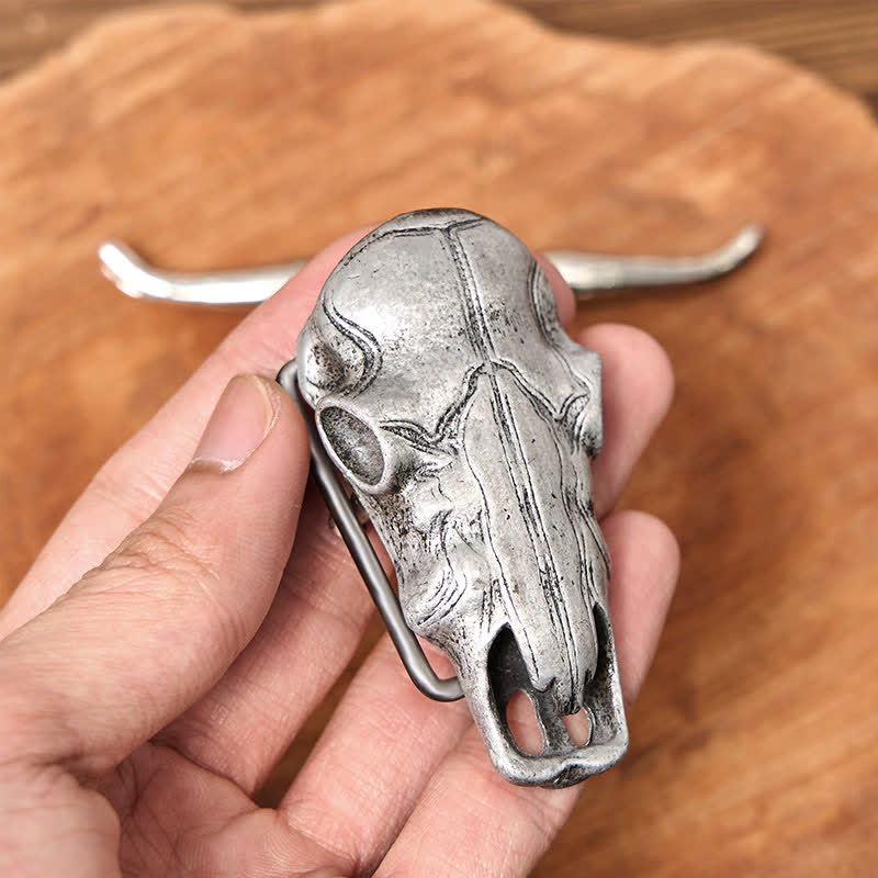 Unique Longhorn Head DIY Hidden Knife Silver  Buckle Leather Belt