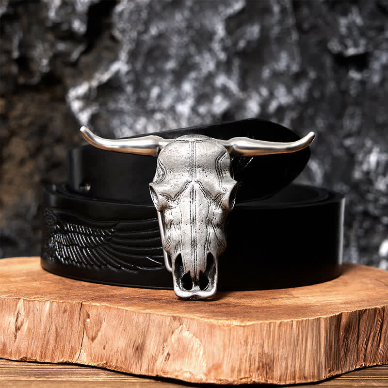 Unique Longhorn Head DIY Hidden Knife Silver  Buckle Leather Belt - Black Embossed Eagle Belt - 42 - image 9