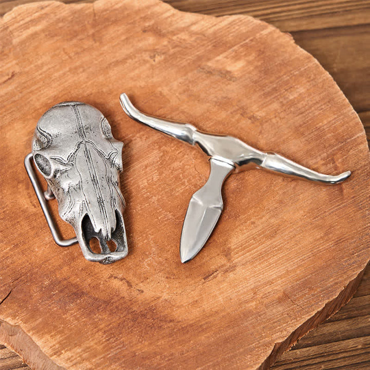 Unique Longhorn Head DIY Hidden Knife Silver  Buckle Leather Belt