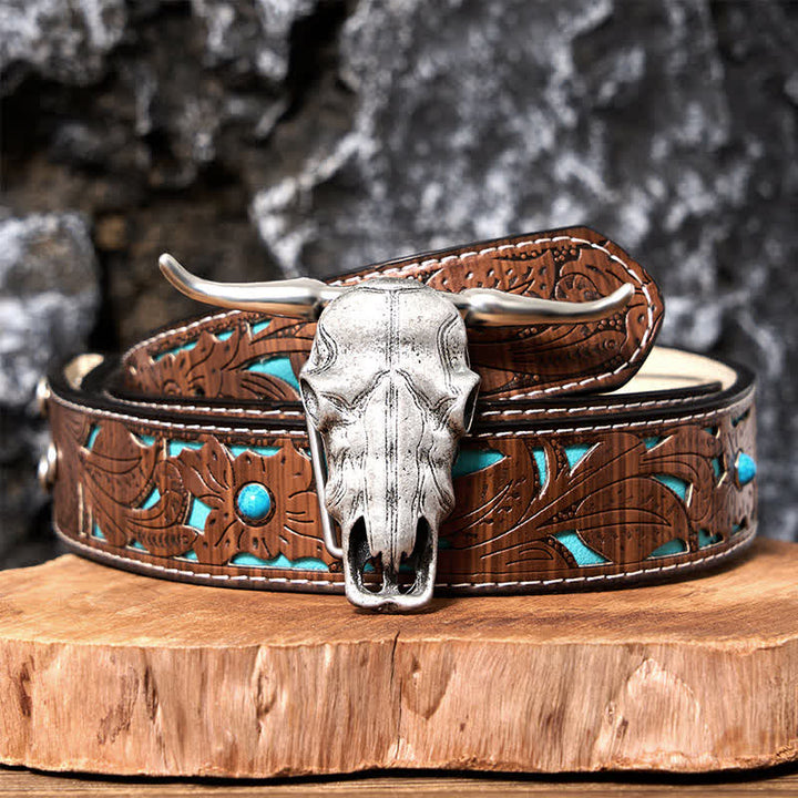 Unique Longhorn Head DIY Hidden Knife Silver  Buckle Leather Belt - Turquoise Carved Belt - 42 - image 10