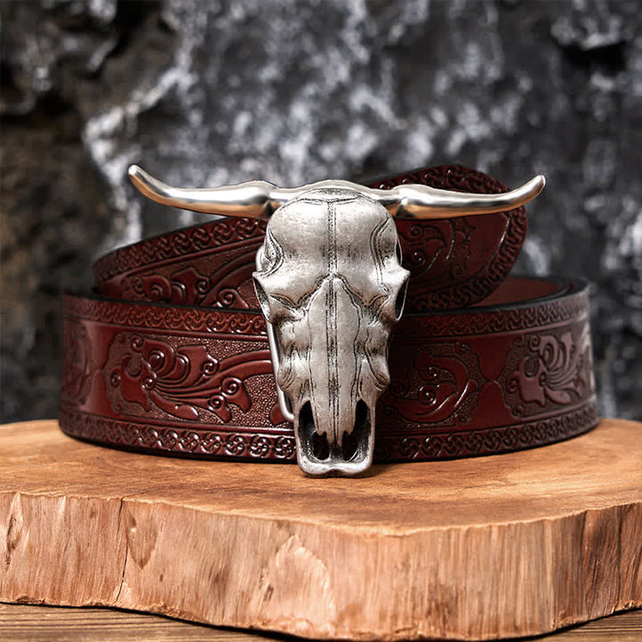 Unique Longhorn Head DIY Hidden Knife Silver  Buckle Leather Belt - Brown Carved Belt - 42 - image 13