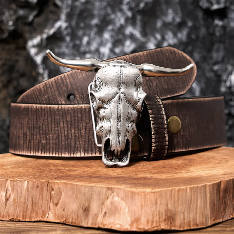 Unique Longhorn Head DIY Hidden Knife Silver  Buckle Leather Belt