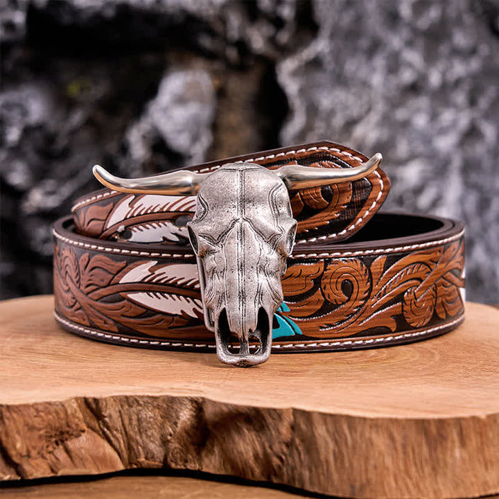 Unique Longhorn Head DIY Hidden Knife Silver  Buckle Leather Belt - Brown Feather Belt - 40 - image 14