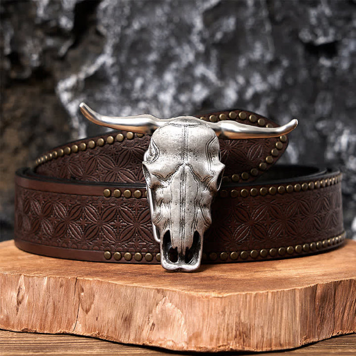Unique Longhorn Head DIY Hidden Knife Silver  Buckle Leather Belt - Brown Rivet Belt - 42 - image 11