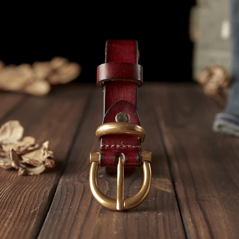 Women's Handmade Narrow Brass Buckle Genuine Leather Belt - image 3