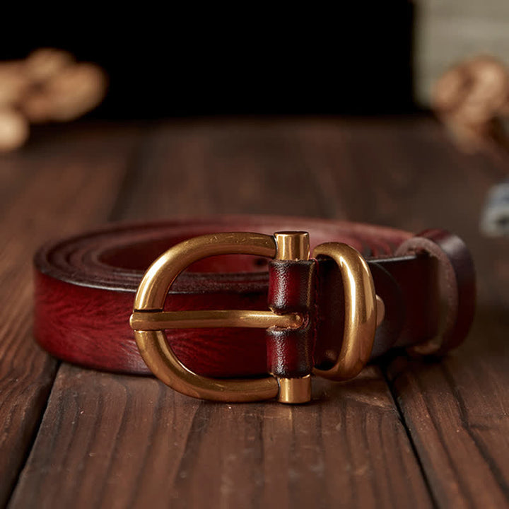 Women's Handmade Narrow Brass Buckle Genuine Leather Belt - image 4