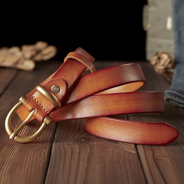 Women's Handmade Narrow Brass Buckle Genuine Leather Belt - Light Brown - 38 - image 8