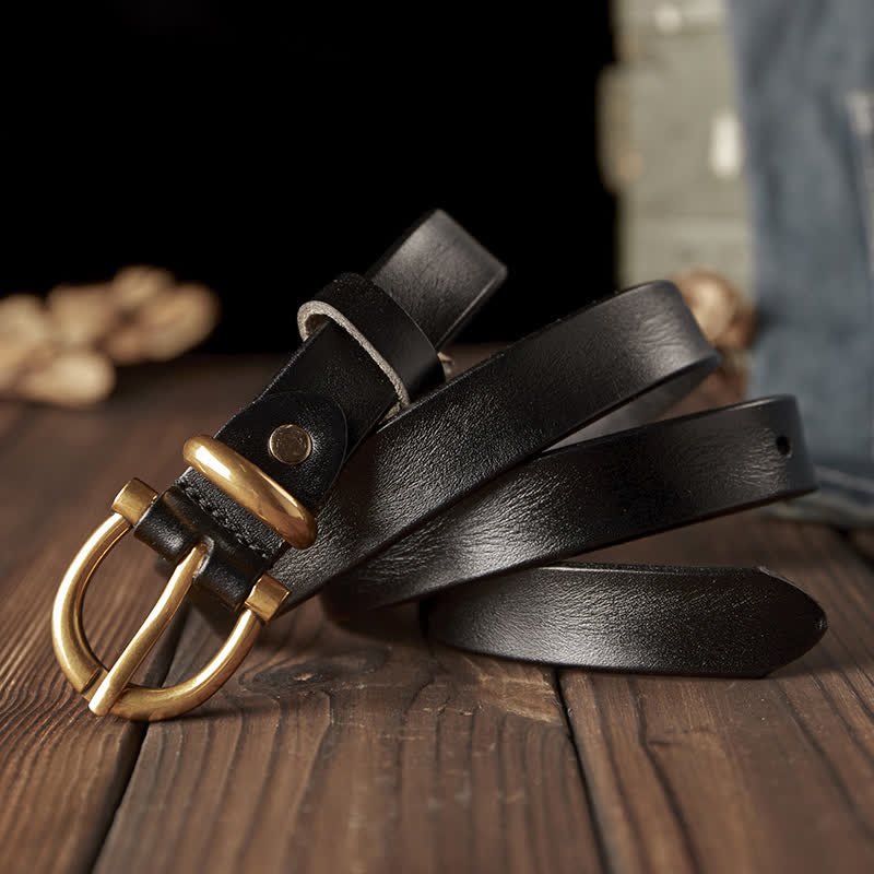 Women's Handmade Narrow Brass Buckle Genuine Leather Belt - Black - 38 - image 9