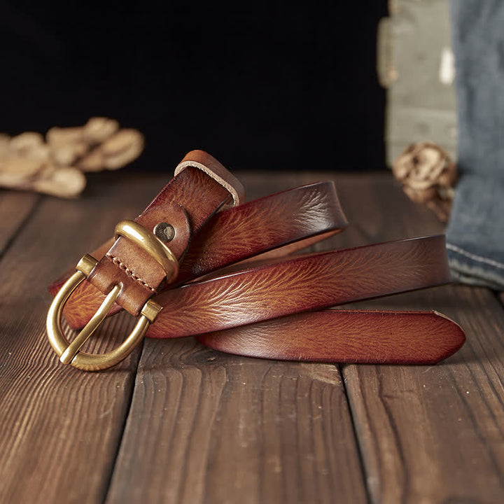 Women's Handmade Narrow Brass Buckle Genuine Leather Belt - Yellowish-Brown - 38 - image 7