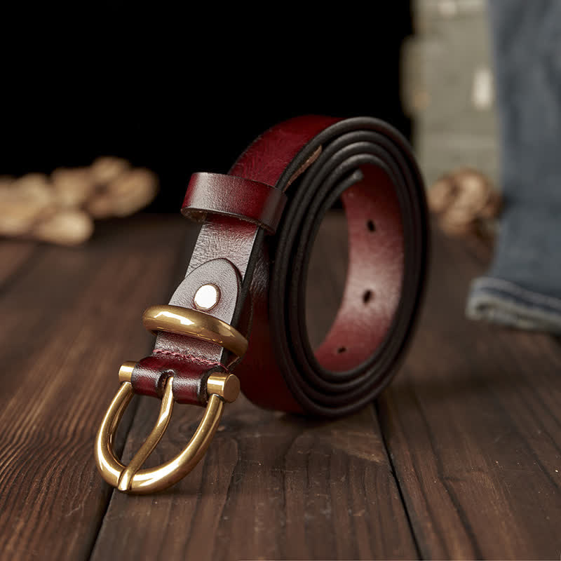 Women's Handmade Narrow Brass Buckle Genuine Leather Belt - image 2
