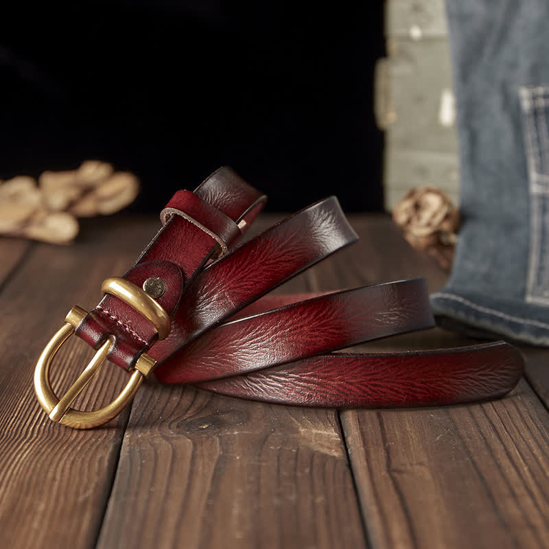 Women's Handmade Narrow Brass Buckle Genuine Leather Belt - image 1