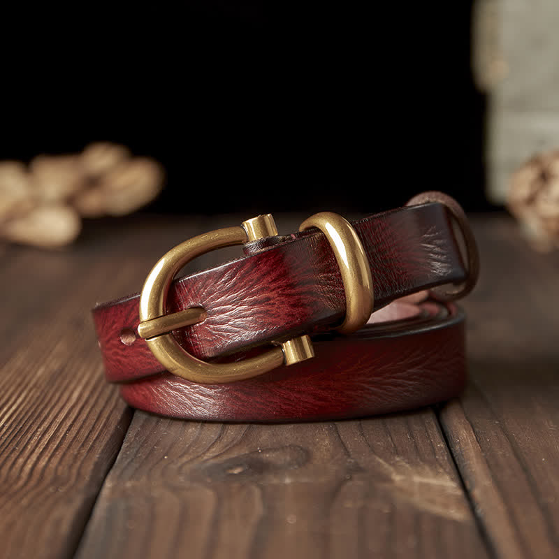Women's Handmade Narrow Brass Buckle Genuine Leather Belt - Reddish-Brown - 38 - image 0
