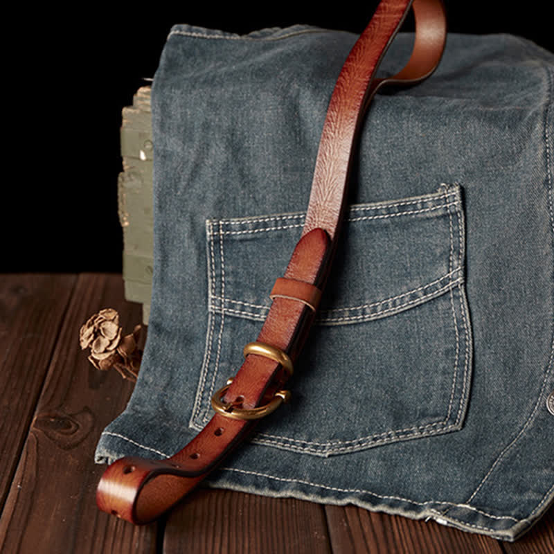 Women's Handmade Narrow Brass Buckle Genuine Leather Belt - image 5