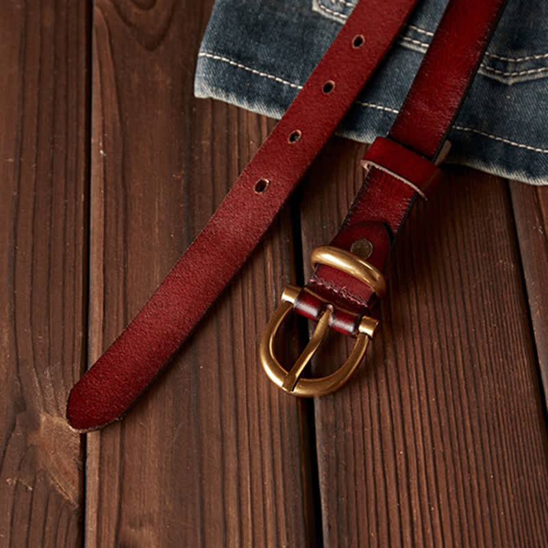 Women's Handmade Narrow Brass Buckle Genuine Leather Belt - image 6