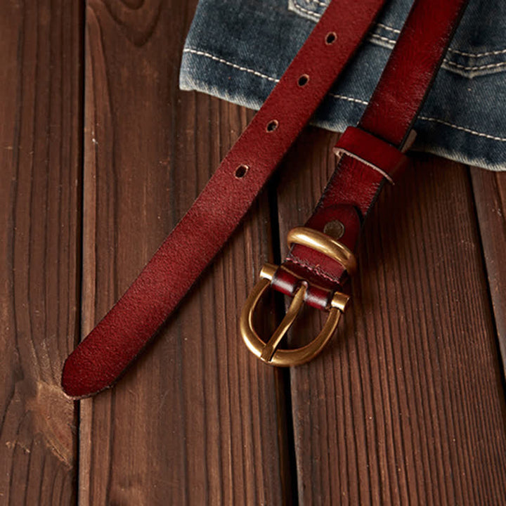 Women's Handmade Narrow Brass Buckle Genuine Leather Belt - image 6