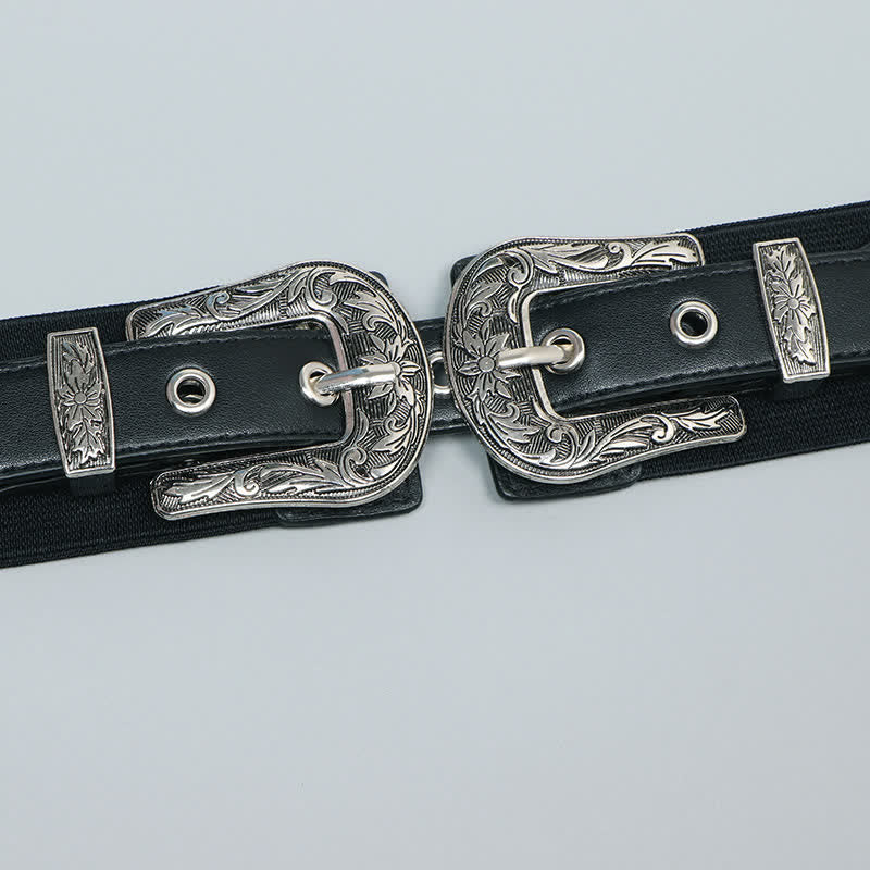 Women's Elastic Double Buckle Leather Belt for Jeans Pants and Dresses