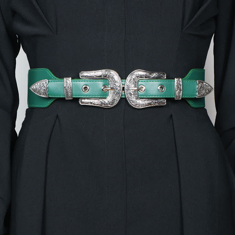 Women's Elastic Double Buckle Leather Belt for Jeans Pants and Dresses