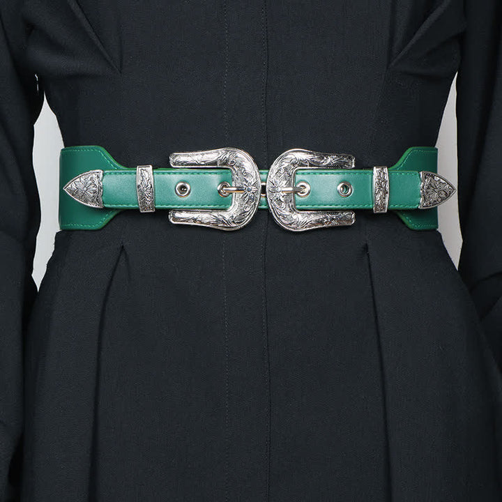 Women's Elastic Double Buckle Leather Belt for Jeans Pants and Dresses