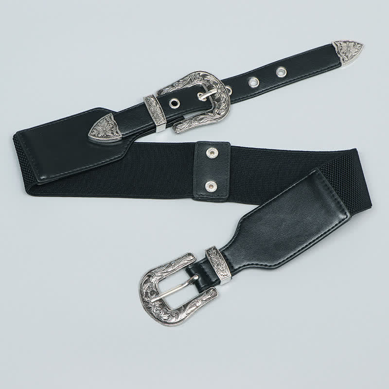 Women's Elastic Double Buckle Leather Belt for Jeans Pants and Dresses
