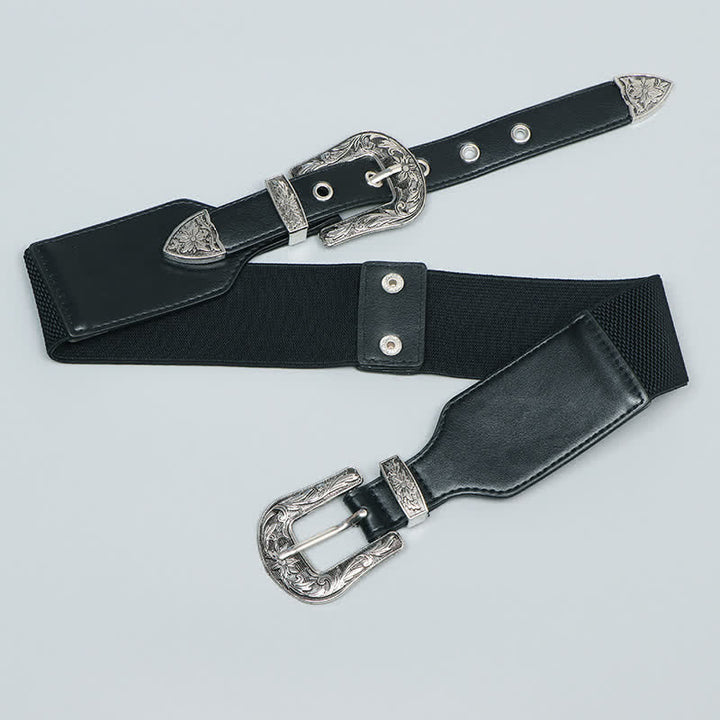 Women's Elastic Double Buckle Leather Belt for Jeans Pants and Dresses