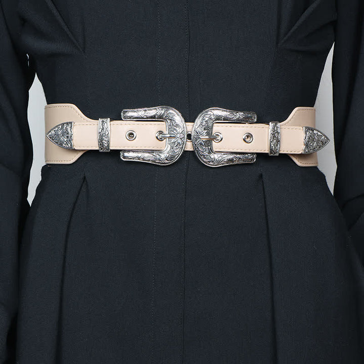 Women's Elastic Double Buckle Leather Belt for Jeans Pants and Dresses - Light Khaki - 28.74in / 73cm - image 10