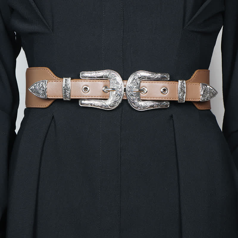 Women's Elastic Double Buckle Leather Belt for Jeans Pants and Dresses - Dark Khaki - 28.74in / 73cm - image 9