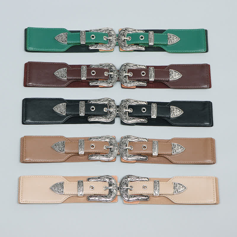Women's Elastic Double Buckle Leather Belt for Jeans Pants and Dresses