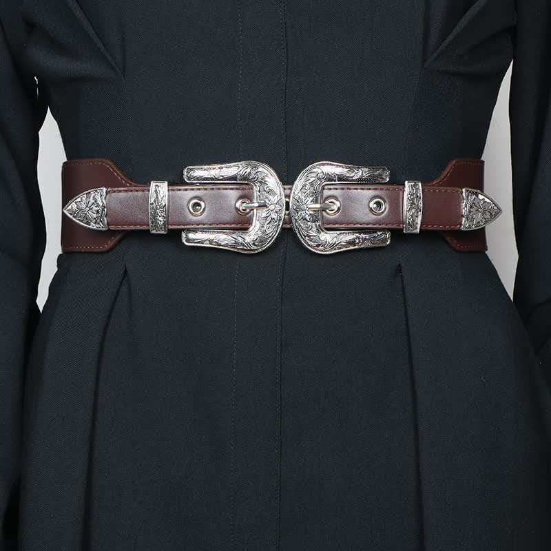 Women's Elastic Double Buckle Leather Belt for Jeans Pants and Dresses