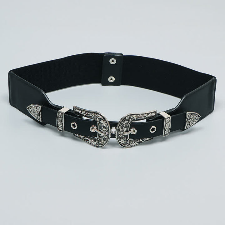 Women's Elastic Double Buckle Leather Belt for Jeans Pants and Dresses