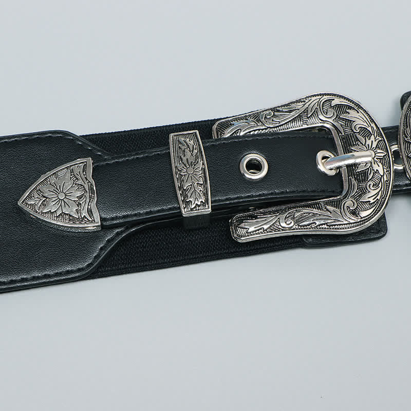 Women's Elastic Double Buckle Leather Belt for Jeans Pants and Dresses