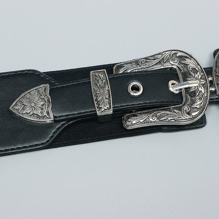 Women's Elastic Double Buckle Leather Belt for Jeans Pants and Dresses