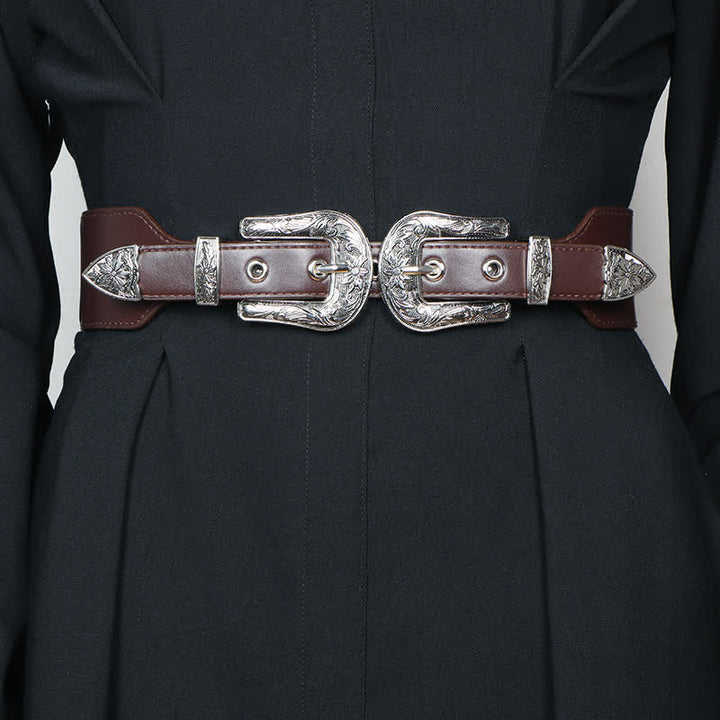 Women's Elastic Double Buckle Leather Belt for Jeans Pants and Dresses - Coffee - 28.74in / 73cm - image 8