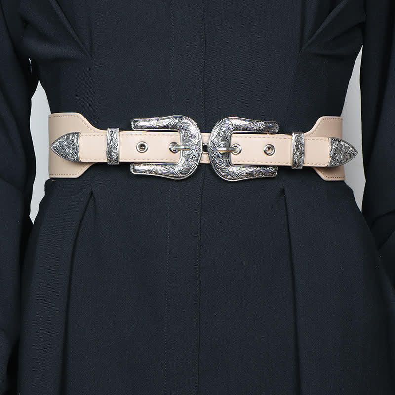 Women's Elastic Double Buckle Leather Belt for Jeans Pants and Dresses
