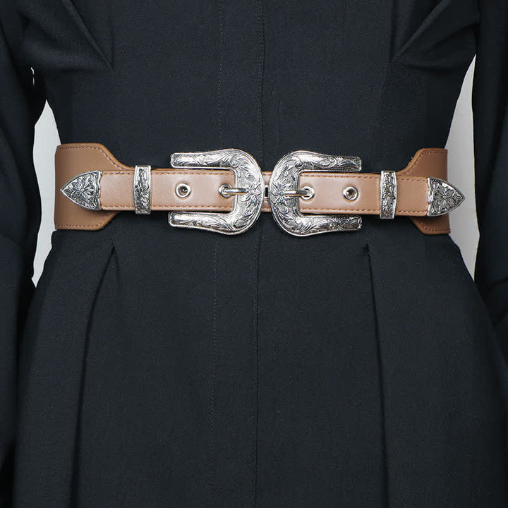 Women's Elastic Double Buckle Leather Belt for Jeans Pants and Dresses - Dark Khaki - 28.74in / 73cm - image 9