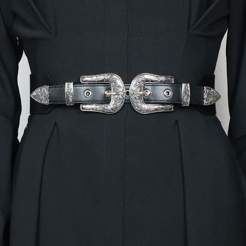Women's Elastic Double Buckle Leather Belt for Jeans Pants and Dresses - Black - 28.74in / 73cm - image 0