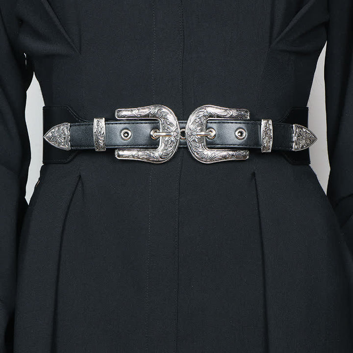 Women's Elastic Double Buckle Leather Belt for Jeans Pants and Dresses