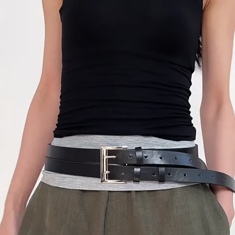 Women's Novel Double Prong Dual Strap Black Leather Belt
